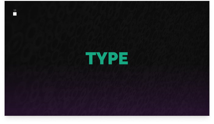 Dark background with 'TYPE' title for typography guideline section.